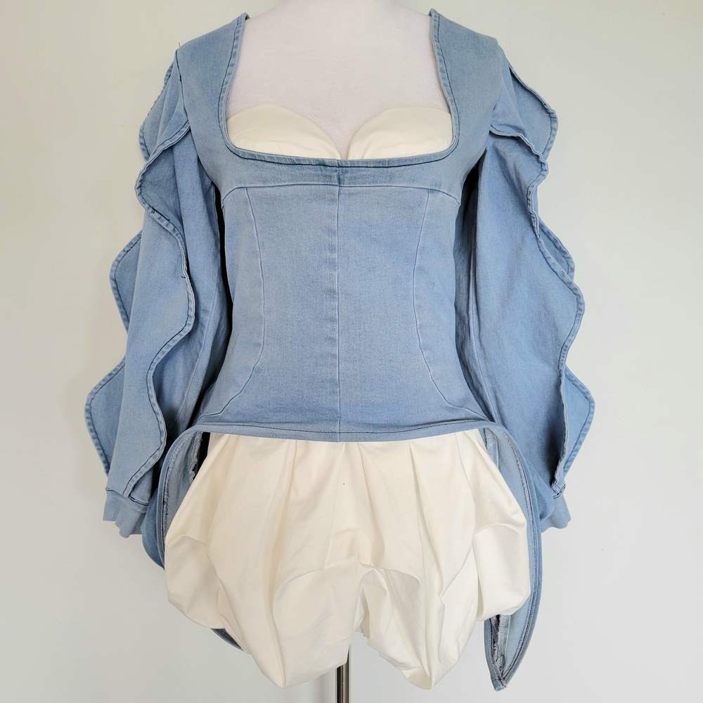 POSH BY V Denim Corset White Victorian Mini Bubble Dress Size Medium